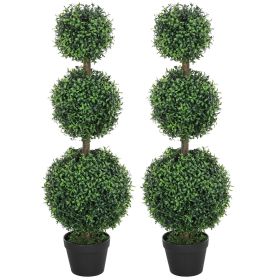 Set of 2 Artificial Ball Boxwood Topiary Trees, Fake Plants in Pot for Indoor Outdoor Living Room Green