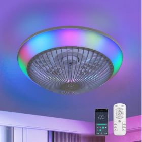 15 Inch RGB Dimmable LED Enclosed Ceiling Fan With Light, Modern Bladeless 6-speed Remote Control Suitable For Bedrooms, Children's Rooms, Partie (Option: White)