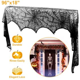 Halloween Fireplace Mantle Scarf - 96x18 Inch Black Lace Scarf with Spider Web, Bat & Spider Design, Lightweight Durable - Ideal for Haunted Hous (amount: 1pcs)