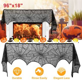 Halloween Fireplace Mantle Scarf - 96x18 Inch Black Lace Scarf with Spider Web, Bat & Spider Design, Lightweight Durable - Ideal for Haunted Hous (amount: 2pcs)